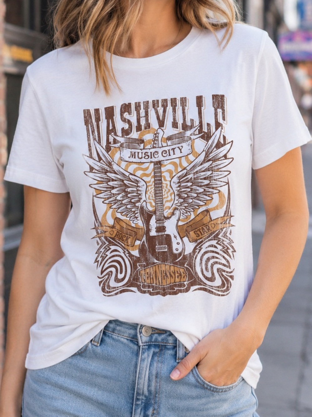 Nashville Music City Graphic Tee Women’s XL Guitar Wings Western Rock Shirt